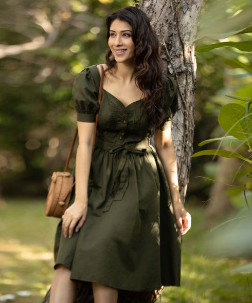 Khaki Pintuck Sweetheart Neck Linen Dress